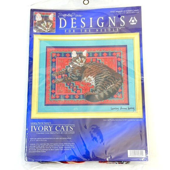 Lesley Anne Ivory Cats Cross Stitch Kit - "Muppet On Indian Carpet" (1997) New - Picture 1 of 5